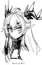 Rule 34 | 1girl, ahoge, arknights, character request, closed mouth, greyscale, hair between eyes, highres, horns, image sample, leizi (arknights), long hair, looking at viewer, monochrome, pointy ears, simple background, solo, twitter sample, twitter username, upper body, white background, yom (ymayma00ss)