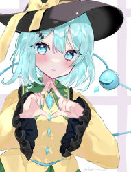 Rule 34 | 1girl, aqua eyes, aqua hair, aqua nails, black hat, blush, bow, breasts, closed mouth, commentary request, frills, green skirt, hair between eyes, hair ornament, hairclip, hands up, hat, hat bow, highres, indoors, komeiji koishi, long sleeves, looking at viewer, medium hair, nail polish, shirt, simple background, skirt, small breasts, smile, solo, steepled fingers, third eye, touhou, upper body, white background, wide sleeves, window, yellow bow, yellow shirt, yumeno ruruka