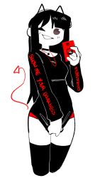 Rule 34 | 1girl, black choker, black hair, black shirt, black thighhighs, blunt bangs, brown eyes, cellphone, choker, clothes writing, covering privates, covering crotch, cowboy shot, cropped legs, demon girl, demon horns, demon tail, drawn horns, drawn tail, english text, fake tail, greyscale, grin, hand up, highres, holding, holding phone, horns, jewelry, legs together, light blush, limited palette, long hair, long sleeves, looking at viewer, looking to the side, monochrome, necklace, no pupils, one eye closed, organsoup, original, pendant, phone, red tail, selfie, shirt, shirt tug, simple background, smartphone, smile, solo, spot color, standing, straight hair, tail, tail raised, teeth, thighhighs, thighs, white background