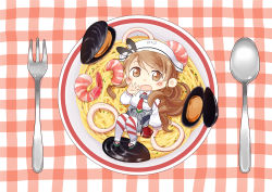 Rule 34 | 1girl, :d, brown eyes, brown hair, checkered background, chibi, clam, commentary request, curly hair, fok, food, headgear, hinata yuu, kantai collection, littorio (kancolle), long hair, looking at viewer, mini person, minigirl, necktie, open mouth, pasta, plate, pleated skirt, shrimp, skirt, smile, solo, spoon, striped clothes, striped thighhighs, thighhighs