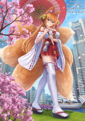 Rule 34 | 1girl, absurdres, animal ear fluff, animal ears, artist name, bare shoulders, black footwear, blue sky, branch, breasts, cleavage, closed mouth, cloud, commentary request, commission, dated, day, detached sleeves, flower, fox ears, fox girl, fox tail, giant, giantess, green eyes, hair between eyes, hakama, hakama short skirt, hakama skirt, highres, holding, holding umbrella, iroha (iroha matsurika), japanese clothes, kimono, kitsune, large breasts, long sleeves, looking at viewer, oil-paper umbrella, orange hair, original, outdoors, petals, pink flower, pixiv commission, pleated skirt, red skirt, red umbrella, ribbon-trimmed legwear, ribbon-trimmed sleeves, ribbon trim, river, sandals, skirt, sky, sleeveless, sleeveless kimono, smile, solo, tail, thank you, thighhighs, umbrella, water, white kimono, white sleeves, white thighhighs, wide sleeves, zouri
