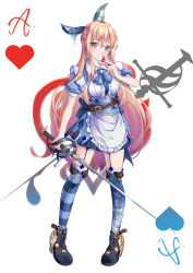 Rule 34 | 1girl, absurdres, ace (playing card), ace of hearts, alice (alice in wonderland), alice in wonderland, apron, asymmetrical legwear, belt, belt buckle, black footwear, blonde hair, blue dress, blue eyes, blue neckwear, blue thighhighs, breasts, brooch, brown belt, buckle, card, center frills, closed mouth, club (shape), collared shirt, commentary, dress, fingernails, frilled apron, frills, fuusen tsuchi, garter straps, hair between eyes, hand up, heart, highres, holding, holding card, holding sword, holding weapon, jewelry, long hair, looking at viewer, mismatched legwear, over-kneehighs, pigeon-toed, playing card, puffy short sleeves, puffy sleeves, shirt, short sleeves, small breasts, smile, solo, spade (shape), standing, striped clothes, striped thighhighs, sword, thighhighs, very long hair, waist apron, weapon, white apron, white shirt
