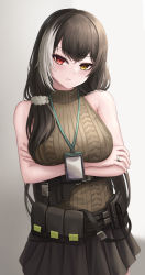 Rule 34 | 1girl, absurdres, arms under breasts, bare arms, bare shoulders, black hair, blush, breasts, closed mouth, crossed arms, crossed bangs, girls&#039; frontline, gongbangmanchi (daisy cutter), grey background, hair ornament, heterochromia, highres, jewelry, lanyard, large breasts, long hair, looking at viewer, multicolored hair, official alternate costume, red eyes, ring, ro635 (girls&#039; frontline), ro635 (mod3) (girls&#039; frontline), simple background, sleeveless, sleeveless sweater, solo, streaked hair, sweater, white hair, yellow eyes