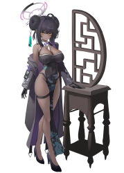 Rule 34 | 1girl, alternate costume, alternate hairstyle, b-pang, black footwear, black gloves, black jacket, blue archive, breasts, brown eyes, china dress, chinese clothes, cleavage, covered navel, dark-skinned female, dark skin, detached collar, double bun, dress, full body, gloves, hair bun, halo, highres, jacket, karin (blue archive), large breasts, looking at viewer, necktie, open clothes, open jacket, shoes, sidelocks, solo, standing, thigh strap, white necktie
