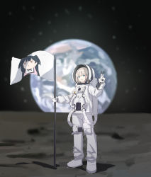 Rule 34 | 1girl, absurdres, blonde hair, brown hair, earth (planet), eyebrows hidden by hair, flag, highres, holding, holding flag, idolmaster, idolmaster shiny colors, looking at viewer, moon, planet, serizawa asahi, short hair, smile, solo, space, spacesuit, standing, tamago (eva1314056), victory pose
