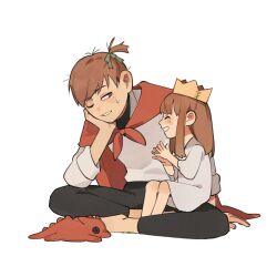 Rule 34 | 1boy, 1girl, ^ ^, alternate hairstyle, bare legs, barefoot, black undershirt, brown hair, chilchuck tims, child, clapping, cloak, closed eyes, crown, dress, dungeon meshi, father and daughter, halfling, hand on own cheek, hand on own face, happy, head rest, highres, indian style, lap pillow, long hair, long sleeves, looking at another, messy hair, one eye closed, one side up, p1ngd0, packpatty (dungeon meshi), playing, princess, profile, red cloak, shirt, short hair, sidelocks, sideways glance, simple background, sitting, sleeves rolled up, stuffed animal, stuffed dragon, stuffed toy, white background, white dress, white shirt