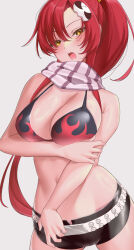 Rule 34 | 1girl, arm under breasts, bare shoulders, belt, bikini, bikini top only, black shorts, breasts, flame print, floating hair, hair ornament, high ponytail, highres, holding own arm, large breasts, long hair, looking at viewer, navel, open mouth, ratsuku kinoko, red hair, scarf, short shorts, shorts, simple background, skull hair ornament, solo, stomach, swimsuit, tengen toppa gurren lagann, very long hair, white background, white belt, yellow eyes, yoko littner