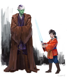 Rule 34 | 2boys, age difference, black hair, colored skin, crossover, dragon ball, dragonball z, energy sword, full body, green skin, hands in opposite sleeves, height difference, jedi, lightsaber, multiple boys, namekian, piccolo, pointy ears, robe, son gohan, star wars, sun stark, sword, turban, weapon