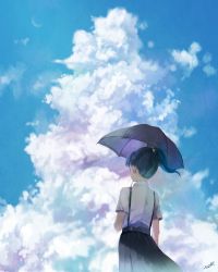 Rule 34 | 1girl, bad id, bad twitter id, black hair, black skirt, blue sky, cloud, cloudy sky, commentary request, day, facing away, from behind, hair tie, highres, holding, holding umbrella, moon, nurie (siniariot), outdoors, pleated skirt, ponytail, scenery, shirt, short sleeves, signature, skirt, sky, solo, standing, suspender skirt, suspenders, umbrella, white shirt