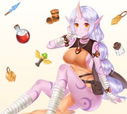 Rule 34 | 1girl, arm wrap, armlet, bandaged leg, bandages, bare shoulders, beige background, blush, boots, bracelet, breasts, brooch, colored skin, female focus, gem, highres, horns, jewelry, large breasts, league of legends, leg wrap, long hair, looking at viewer, monster girl, pointy ears, ponytail, potion, pouch, purple skin, sideboob, single horn, sitting, smile, solo, soraka (league of legends), tattoo, tl astral7536, ubi (ekdus6080), upper body, very long hair, ward (league of legends), white hair, yellow background, yellow eyes