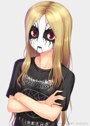 Rule 34 | 1girl, black metal, black shirt, corpse paint, crossed arms, dissection (band), face paint, heavy metal, looking at viewer, miyai sen, red eyes, shirt, solo, white background