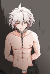 Rule 34 | 1boy, 7cs (congchuabuoito), abs, absurdres, arms behind back, artist name, bad id, bad pixiv id, black pants, bruise, chain, closed mouth, collar, collarbone, cowboy shot, danganronpa (series), danganronpa another episode: ultra despair girls, grey background, grey hair, hair between eyes, highres, injury, komaeda nagito, looking at viewer, male focus, male underwear, messy hair, navel, open pants, pants, short hair, simple background, smile, solo, sweat, topless male, two-tone background, underwear