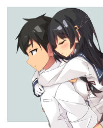 Rule 34 | 1boy, 1girl, admiral (kancolle), beritabo, black hair, blue sailor collar, blush, breast press, breasts, closed eyes, closed mouth, commentary request, from side, gloves, grey background, hair between eyes, isokaze (kancolle), jacket, kantai collection, long hair, long sleeves, medium breasts, profile, sailor collar, shirt, sleeves past wrists, thick eyebrows, two-tone background, very long hair, white background, white gloves, white jacket, white shirt