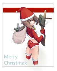 Rule 34 | 10s, 1girl, :d, absurdres, ammunition, ass, bad id, bad pixiv id, brown eyes, brown hair, hat, highres, kantai collection, merry christmas, open mouth, sack, santa costume, santa hat, sein (tgf19911119), short hair, smile, solo, taihou (kancolle), thighhighs, weapon