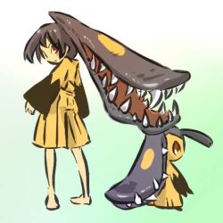Rule 34 | 1boy, barefoot, black hair, blush stickers, brown eyes, costume, creatures (company), fangs, game freak, gen 3 pokemon, hitec, looking back, male focus, mawile, moemon, monster boy, nintendo, personification, pokemon, red eyes, simple background, standing, trap