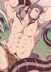 Rule 34 | 1boy, abs, bandaged hand, bandages, bara, beard, brown hair, chest tattoo, closed mouth, dragon boy, dragon tail, facial hair, green eyes, highres, large pectorals, lying, male focus, male pubic hair, mazjojo, muscular, muscular male, navel, nipples, on back, one eye closed, original, pectorals, pelvic curtain, pubic hair, short hair, solo, tail, tattoo