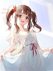 Rule 34 | 1girl, backlighting, blue dress, bow, brown eyes, brown hair, dress, hair bow, idolmaster, idolmaster cinderella girls, looking at viewer, lumo 1121, medium dress, ogata chieri, open mouth, red bow, shirt, short sleeves, sidelocks, skirt hold, smile, solo, standing, twintails, white shirt