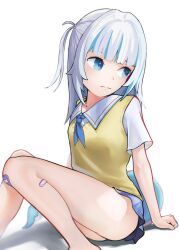 Rule 34 | 1girl, absurdres, ass, bad source, blue eyes, blue hair, evermind, fins, fish tail, gawr gura, gawr gura (school uniform), highres, hololive, hololive english, legs, looking to the side, miniskirt, multicolored hair, on floor, school uniform, self-upload, shark girl, shark tail, shirt, sitting, skirt, solo, tail, virtual youtuber, yellow shirt
