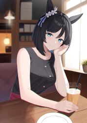 Rule 34 | 1girl, absurdres, alternate costume, anima miko, animal ears, bare shoulders, black shirt, blue eyes, blurry, blurry background, blush, breasts, cafe, closed mouth, commentary request, cup, drinking glass, drinking straw, ear ornament, eishin flash (umamusume), hair between eyes, head rest, highres, horse ears, horse girl, indoors, medium breasts, plate, shirt, short hair, sitting, sleeveless, sleeveless shirt, smile, solo, table, umamusume, upper body