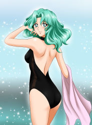 Rule 34 | 1girl, absurdres, aqua background, aqua eyes, aqua hair, ass, back, bishoujo senshi sailor moon, black one-piece swimsuit, breasts, casual one-piece swimsuit, gradient background, highres, kaiou michiru, long hair, looking at viewer, looking back, medium breasts, nib pen (medium), one-piece swimsuit, pink towel, smile, solo, soukichi, sparkle background, standing, swimsuit, towel, traditional media