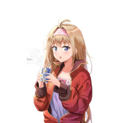 Rule 34 | 1girl, absurdres, antenna hair, artist name, blonde hair, blue eyes, bow, breasts, collarbone, commentary request, cup, granblue fantasy, hair ornament, hairband, highres, holding, holding cup, jacket, jeanne d&#039;arc (granblue fantasy), long hair, looking at viewer, pink bow, purple eyes, qoray7, red jacket, shirt, simple background, solo, white background