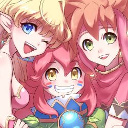 Rule 34 | 1boy, 2girls, :d, ;d, blonde hair, breasts, brown hair, earrings, green eyes, grin, headband, highres, jewelry, looking at viewer, multiple girls, one eye closed, open mouth, pink hair, pink headband, popoi (seiken densetsu 2), primm (seiken densetsu 2), randi (seiken densetsu 2), seiken densetsu, seiken densetsu 2, sidelocks, small breasts, smile, upper body, usata, yellow eyes