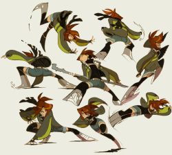 Rule 34 | 1girl, arm support, arms up, ass, black thighhighs, boots, brown footwear, brown hair, brown jacket, character sheet, closed mouth, enna (nargyle), falling, fighting stance, fingerless gloves, foreshortening, freckles, gloves, green background, grey background, holding, holding staff, jacket, knee boots, long sleeves, motion lines, multiple views, nargyle, open clothes, open jacket, original, ponytail, running, scarf, simple background, sketch, sleeves past wrists, spread legs, staff, thighhighs, turtleneck