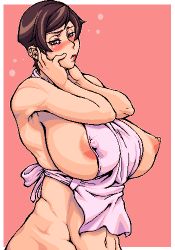 Rule 34 | apron, areola slip, blush, breasts, brown eyes, brown hair, covered erect nipples, housewife, huge breasts, lowres, mature female, naked apron, nipples, short hair, wotsukuri (pixiv3703)