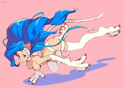 Rule 34 | 1girl, animal ears, ass, blue eyes, blue hair, breasts, cat ears, cat tail, claws, cleavage, felicia (vampire), highres, kotatsu (g-rough), long hair, looking at viewer, pink background, simple background, tail, vampire (game), very long hair