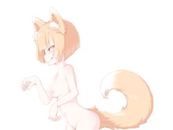Rule 34 | 1girl, :q, animal ears, bad id, bad pixiv id, blonde hair, bob cut, breasts, fox ears, fox tail, frfr, navel, nipples, nude, original, paw pose, red eyes, short hair, small breasts, solo, tail, tongue, tongue out
