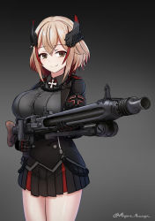 Rule 34 | 1girl, absurdres, armband, azur lane, black jacket, black shirt, black skirt, blonde hair, breasts, closed mouth, commentary, cross, crossed bangs, gauntlets, grey background, gun, hair between eyes, highres, holding, holding gun, holding weapon, iron cross, jacket, large breasts, legs together, looking at viewer, machine gun, matsunaga maguro, mg42, miniskirt, multicolored hair, pleated skirt, red hair, roon (azur lane), shirt, short hair, sidelocks, simple background, skirt, smile, solo, standing, streaked hair, thighs, twitter username, weapon, yellow eyes