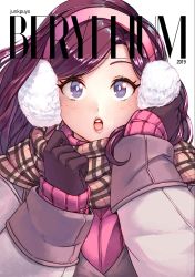 Rule 34 | 1girl, 2019, beryl (junkpuyo), black gloves, blue eyes, blush, coat, cover, cover page, earmuffs, gloves, junkpuyo, lips, long hair, magazine cover, open mouth, original, pink sweater, plaid, plaid scarf, purple hair, ribbed sweater, scarf, solo, sweater, swept bangs, winter clothes, winter coat
