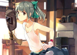 Rule 34 | 10s, 1girl, bare arms, bare shoulders, bow, brown eyes, chemise, collarbone, gloves, grey hair, hair bow, hao (patinnko), kantai collection, looking at viewer, no bra, ponytail, solo, welding mask, white gloves, yuubari (kancolle)