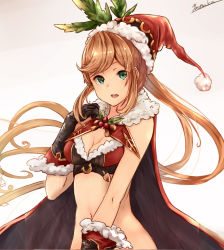 Rule 34 | 10s, 1girl, bad id, bad pixiv id, black gloves, blonde hair, breasts, cape, christmas, clarisse (granblue fantasy), fur trim, gloves, granblue fantasy, green eyes, hat, long hair, looking at viewer, navel, open mouth, ponytail, santa costume, santa hat, smile, solo, upper body, yatsuka (846)