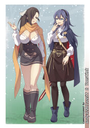 Rule 34 | 2girls, ascot, black footwear, black hairband, black pantyhose, black skirt, blue cape, blue eyes, blue footwear, blue hair, brand of the exalt, breasts, brown eyes, brown hair, cape, cleavage, commentary, commission, english commentary, fire emblem, fire emblem awakening, fire emblem fates, full body, garreg mach monastery uniform, hair between eyes, hair over one eye, hair ribbon, hairband, highres, kagero (fire emblem), large breasts, long hair, long sleeves, looking at another, lower teeth only, lucina (fire emblem), multiple girls, mzrz, nintendo, pantyhose, red cape, ribbon, scarf, shirt, skirt, small breasts, symbol in eye, teeth, two-tone cape, white ascot, white ribbon, white shirt, yellow scarf