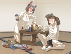 Rule 34 | 10s, 2girls, bad id, bad pixiv id, bag, barefoot, beer can, black panties, blush, book, brown eyes, brown hair, can, collared shirt, dress shirt, drink can, drunk, eyepatch, fang, food, furukawa herzer, hand on own knee, headgear, highres, kantai collection, kneehighs, kneeling, magazine (object), multiple girls, nagato (kancolle), no shoes, on one knee, open mouth, panties, pointing, purple hair, room, ryuujou (kancolle), sausage, shirt, sitting, skirt, smile, socks, spread legs, table, tenryuu (kancolle), tissue box, twintails, underwear, visor cap, wavy mouth, white legwear, wooden table