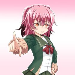 Rule 34 | 10s, 1girl, black hair, blush, bow, bowtie, colored tips, gradient background, green jacket, green skirt, jacket, kantai collection, kunashiri (kancolle), long sleeves, multicolored hair, pink background, pink hair, pleated skirt, red bow, red bowtie, short hair, skirt, solo, tk8d32, two-tone hair, two side up, yellow eyes