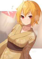 Rule 34 | 1girl, binsen, blonde hair, blurry, blurry background, closed mouth, collarbone, commentary request, highres, ibuki tsubasa, idolmaster, idolmaster million live!, japanese clothes, kimono, long sleeves, looking at viewer, red eyes, sash, short hair, simple background, smile, solo, two-tone background, white background, yellow kimono