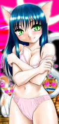 Rule 34 | 1girl, :3, :d, animal ears, areola slip, arm grab, atchy, blue hair, blush, bra, breasts, cameltoe, cat, cat ears, cat tail, cleavage, covering privates, covering breasts, crossed arms, fangs, fish, floral print, green eyes, heart, heart-shaped eyes, large breasts, lingerie, lipstick, long hair, looking at viewer, makeup, mouth hold, naughty face, navel, open mouth, panties, pink bra, pink panties, slit pupils, smile, solo, standing, strap slip, tail, underwear, underwear only