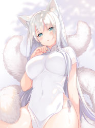 Rule 34 | 1girl, animal ear fluff, animal ears, blue eyes, blurry, breasts, china dress, chinese clothes, covered navel, dress, fox ears, fox girl, fox tail, hand up, kitsune, kurasawa moko, large breasts, long hair, looking at viewer, original, panties, parted lips, pelvic curtain, short sleeves, side-tie panties, solo, sweatdrop, tail, thighs, underwear, very long hair, white dress, white hair