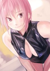 Rule 34 | 1girl, blush, breasts, closed mouth, competition swimsuit, front zipper swimsuit, highres, kilye kairi, large breasts, leaning forward, looking at viewer, meme attire, one-piece swimsuit, original, pink eyes, pink hair, short hair, smile, solo, swimsuit