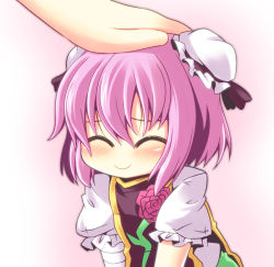 Rule 34 | 1girl, ^ ^, aged down, blush, chibi, child, closed eyes, double bun, female focus, hair bun, hand on another&#039;s head, head pat, headpat, ibaraki kasen, ichimi, pink background, pink hair, puffy sleeves, short hair, simple background, smile, solo focus, tabard, touhou, white background