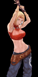 Rule 34 | 1girl, alternate eye color, aqua eyes, armpits, arms up, backlighting, baggy pants, bangle, bare shoulders, belt, belt skirt, black background, blonde hair, blue mary, blue pants, bob cut, bracelet, breasts, bright pupils, closed mouth, contrapposto, crop top, eyebrows hidden by hair, feet out of frame, fingerless gloves, forehead, glint, gloves, gold, groin, hair intakes, halterneck, halterneck, highres, jewelry, laio, linea alba, looking at viewer, loose belt, lowleg, lowleg pants, medium breasts, medium hair, midriff, muscular, muscular female, navel, necklace, nose, pants, parted hair, perky breasts, putting on gloves, red shirt, ribbed shirt, shirt, simple background, smile, smirk, solo, star (symbol), straight hair, taut clothes, taut shirt, the king of fighters, the king of fighters xv, turtleneck