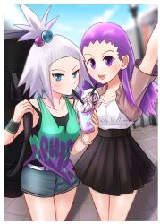 Rule 34 | 2girls, alternate costume, blue eyes, blurry, blurry background, collarbone, commentary request, cowboy shot, creatures (company), cup, denim, denim shorts, disposable cup, frappuccino, game freak, grey hair, guitar case, hair down, high-waist skirt, highres, instrument case, janine (pokemon), looking at viewer, makita (mugitya3776), multiple girls, nintendo, pokemon, pokemon bw2, pokemon hgss, purple eyes, purple hair, roxie (pokemon), shorts, skirt, smile, topknot, wristband