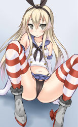 Rule 34 | 10s, 1girl, :&lt;, bad id, black panties, blonde hair, cameltoe, elbow gloves, gloves, grey eyes, hairband, highres, kantai collection, long hair, looking at viewer, md5 mismatch, navel, panties, resolution mismatch, shimakaze (kancolle), sitting, skirt, solo, source larger, spread legs, striped clothes, striped thighhighs, thighhighs, underwear, upskirt, violetshit, white gloves