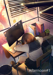 Rule 34 | 1girl, black socks, black skirt, window blinds, blue sailor collar, book, brown footwear, brown hair, ceiling fan, cellphone, chair, computer, day, english text, closed eyes, from above, from behind, full body, hair ornament, indoors, kneehighs, lens flare, loafers, long sleeves, monitor, note, on chair, original, phone, plant, pleated skirt, potted plant, sailor collar, shirt, shoes, short hair, sitting, skirt, sleeping, smartphone, socks, solo, sunlight, tablecloth, trash can, tree, white shirt, window, wooden floor, x hair ornament, xiaosan ye