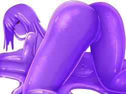 Rule 34 | 1girl, ass, ass focus, looking at viewer, looking back, monster girl, no pussy, purple eyes, purple hair, rethnick, shiny skin, slime girl, solo