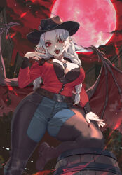 1girl barrel belt braid breasts brown_belt brown_nails burnt buttons card chaps cloud collarbone commission denim eyelashes fangs fingernails floral_print full_moon hat highres indie_virtual_youtuber jeans large_breasts long_hair long_sleeves mole mole_on_breast mole_under_eye mole_under_mouth moon open_mouth ophelia_valentine pants playing_card pointy_ears queen_(playing_card) queen_of_hearts_(playing_card) red_eyes red_moon red_shirt red_sky rose_print sharp_fingernails shirt skeb_commission sky solo suzuhiro torn_wings twin_braids virtual_youtuber white_hair wings