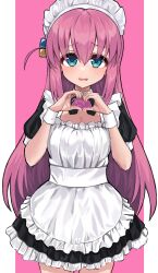 Rule 34 | 1girl, alternate costume, apron, black dress, blue eyes, bocchi the rock!, commentary, cube hair ornament, dress, enmaided, frilled apron, frilled dress, frills, gotoh hitori, hair ornament, hands up, heart, heart hands, highres, kuronosu (yamada1230), long hair, looking at viewer, maid, maid apron, maid headdress, one side up, open mouth, pink hair, solo, white apron