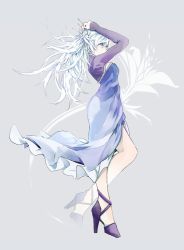 Rule 34 | 1girl, blue eyes, dress, flat chest, full body, high heels, long hair, ponytail, rwby, simple background, solo, weiss schnee, white hair